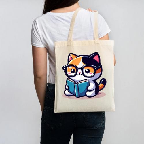 Adorable Book Lover Calico Cat With Reading Glasses Cute For Men Women Kids Canvas Tote Bag - Bookorys