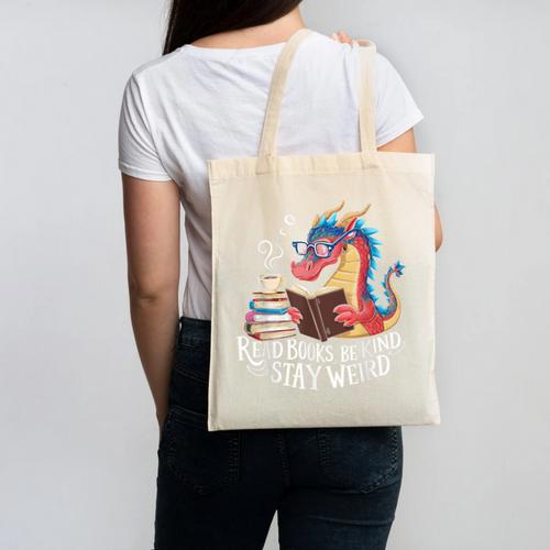 Adorable Book Lover Dragon Read Books Be Kind Stay Weird Canvas Tote Bag - Bookorys