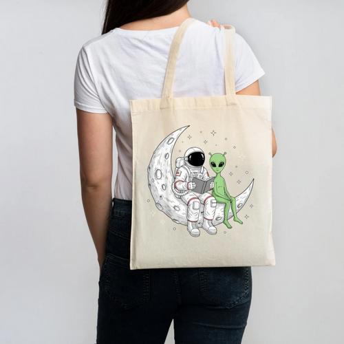 Astronaut Reading Book To Alien Moon Space Book Lover Men Canvas Tote Bag - Bookorys UK