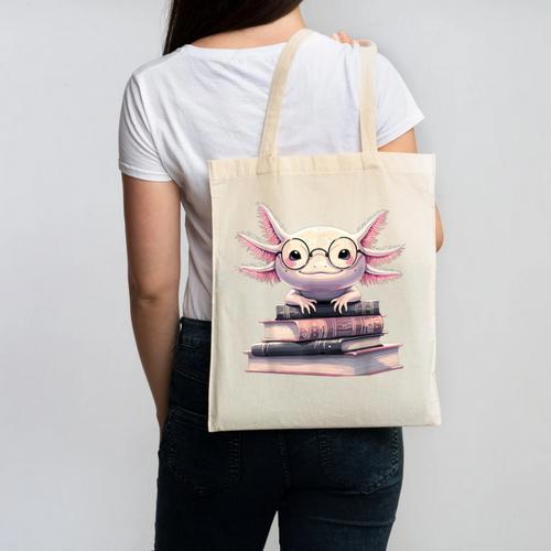 Axolotl Books Readsalotl Reading Bookworm Kawaii Axolotl Canvas Tote Bag - Bookorys