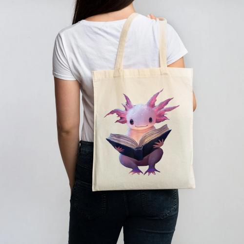Axolotl Bookworm Reading Book Kawaii Graphic Canvas Tote Bag - Bookorys