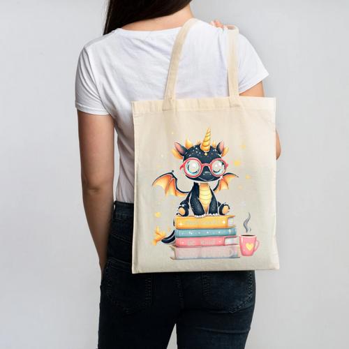 Book Lover Chibi Dragon With Big Red Glasses Bookworm Canvas Tote Bag - Bookorys