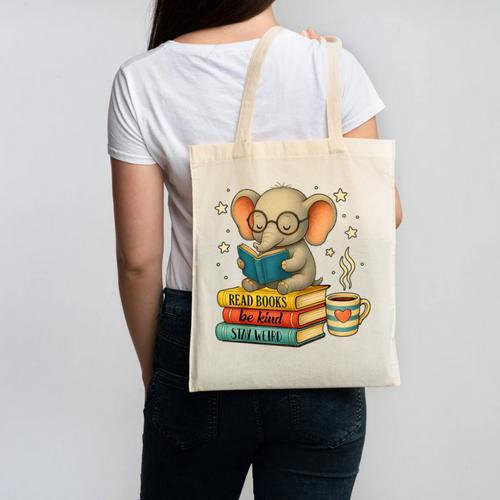 Book Lover Elephant Reading Books Library Read Books Be Kind Canvas Tote Bag - Bookorys