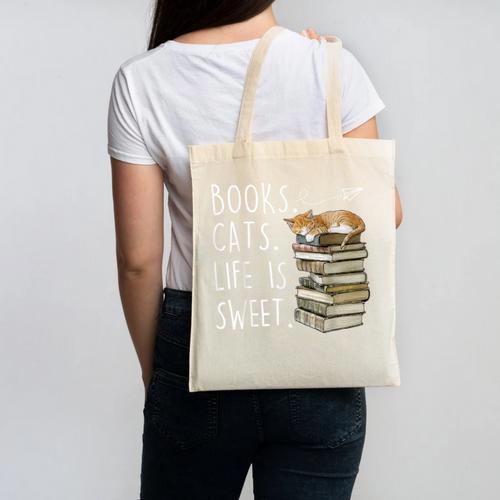 Book Lovers Books Cats Life Is Sweet Cat Lover Canvas Tote Bag - Bookorys