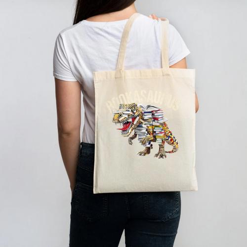 Book Reading Dinosaur T-Rex Dino Bookworm Canvas Tote Bag - Bookorys