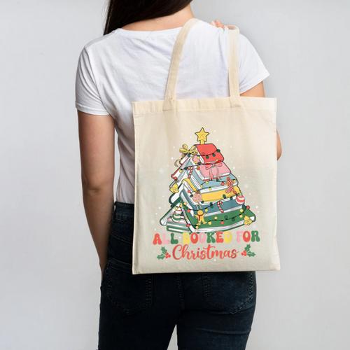 All Booked For Christmas Book Lovers Xmas Tree Lights Canvas Tote Bag - Bookorys