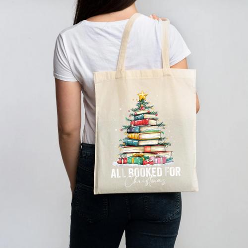 All Booked For Christmas Coquette Books Teacher Xmas Tree Canvas Tote Bag - Bookorys