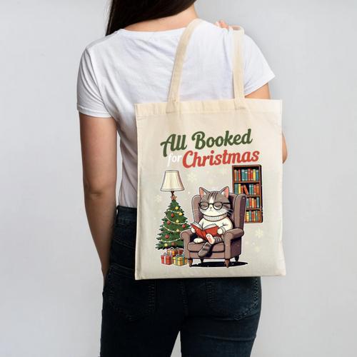 All Booked For Christmas Cute Bookish Cat Lover Canvas Tote Bag - Bookorys