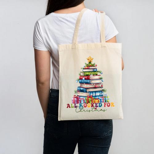 All Booked For Christmas Teacher Reading Student Bookworm Canvas Tote Bag - Bookorys