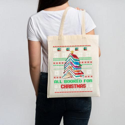 All Booked For Christmas Tree Book Ugly Christmas Sweatshirt Canvas Tote Bag - Bookorys