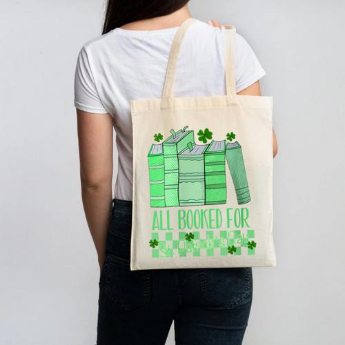 All Booked For St Patrick's Day Book Lover Lucky Shamrock Canvas Tote Bag - Bookorys DE