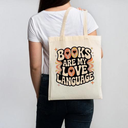 Books Are My Love Language Retro Groovy 70s Book Lover Canvas Tote Bag - Bookorys CA