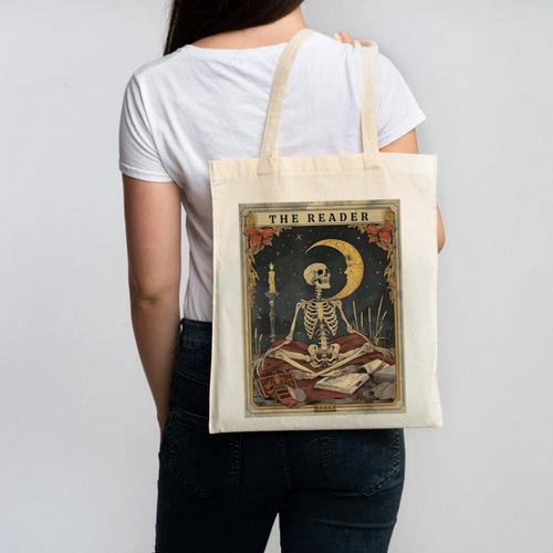 Books Lover Book Novels Reading Halloween Costumes Cottagecore Skeleton Aesthetic Tarot Card The Reader Graphic Canvas Tote Bag - Bookorys