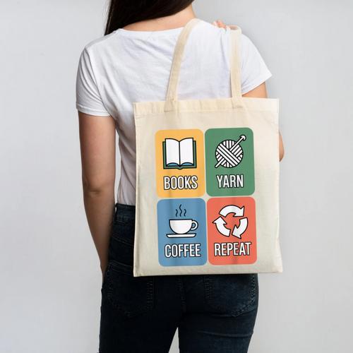 Books Yarn Coffee Repeat Crocheting Canvas Tote Bag - Bookorys