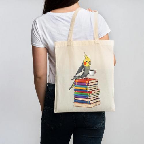Bookworm Cockatiel Bird Reading Books Drinking Coffee Lover Canvas Tote Bag - Bookorys