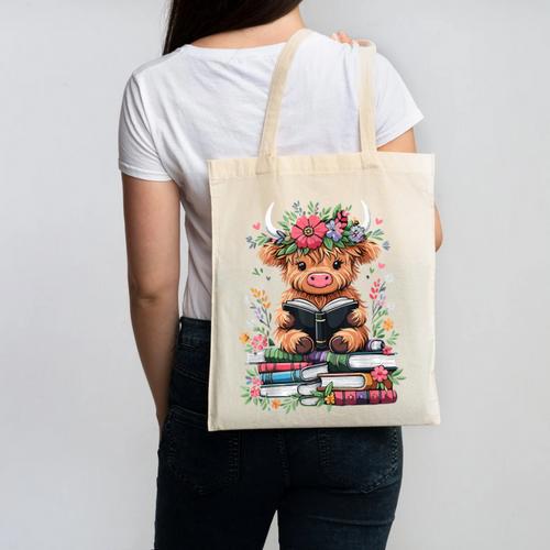 Bookworm Cute Baby Highland Cow Reading Book Canvas Tote Bag - Bookorys DE
