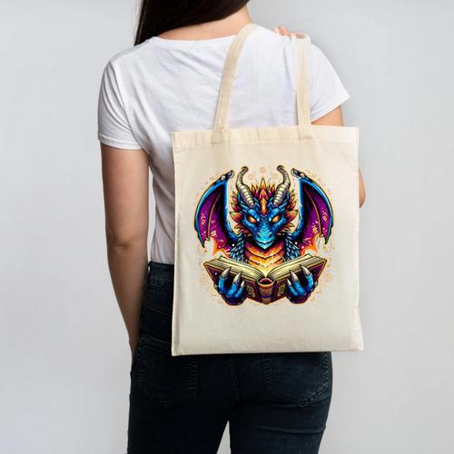 Bookworm Dragon Reading Book Lover Canvas Tote Bag - Bookorys CA
