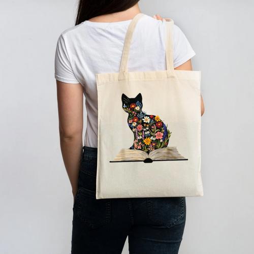 Cat Book Flowers Canvas Tote Bag - Bookorys CA