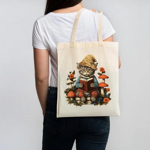 Cat Cottagecore Shirt Mushroom Cute Cat Reading Book Women Canvas Tote Bag - Bookorys CA
