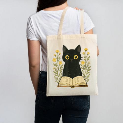 Cat Reading Book Flowers Canvas Tote Bag - Bookorys