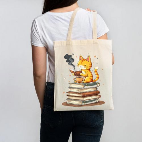 Cat Reading Books Canvas Tote Bag - Bookorys