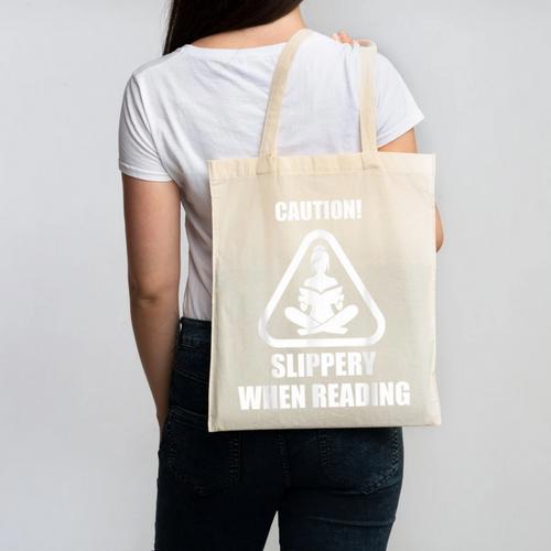 Caution Slippery When Reading Book Lover Canvas Tote Bag - Bookorys UK