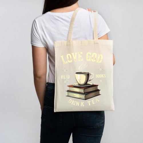 Christian Bookworm Love God Read Books Drink Tea Canvas Tote Bag - Bookorys CA