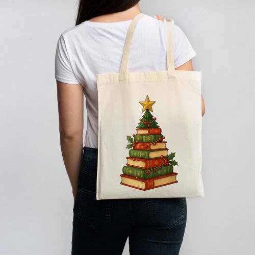 Christmas Book Tree Bookshelf Holiday For Readers Librarians Canvas Tote Bag - Bookorys