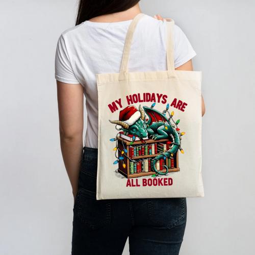 Christmas Dragon My Holidays Are All Booked Book Lovers Kids Canvas Tote Bag - Bookorys