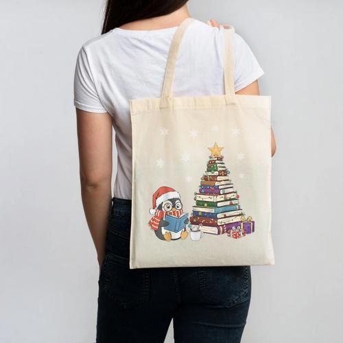 Christmas A Penguin Reading Book Snowflake Cocoa Hot Teacher Canvas Tote Bag - Bookorys CA