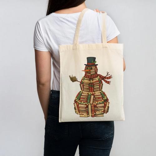 Christmas Snowman Made Of Books Holiday Reading Xmas Canvas Tote Bag - Bookorys