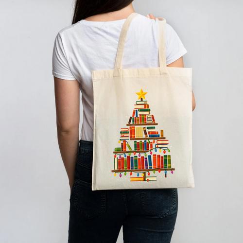 Christmas Tree Bookshelf Book Lover Library Men Women Kids Canvas Tote Bag - Bookorys