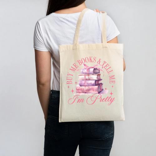 Coquette Aesthetic Bow Buy Me Books & Tell Me I'm Pretty Canvas Tote Bag - Bookorys