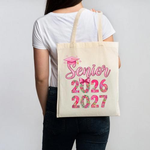 Coquette Pink Bow Flowers Senior 2026 2027 Graduation Canvas Tote Bag - Best Gift Smart