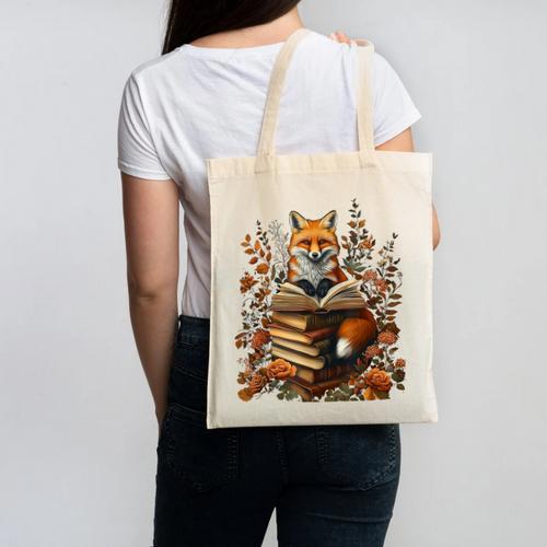 Cottagecore Aesthetic Floral Fox With Book Cute Goblincore Canvas Tote Bag - Bookorys CA