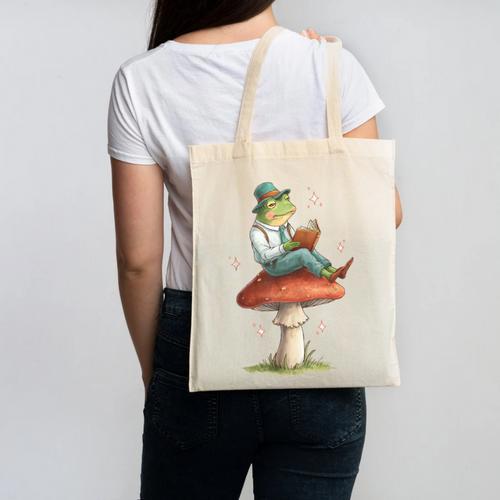 Cottagecore Aesthetic Frog Reading Book On Mushroom Vintage Canvas Tote Bag - Bookorys