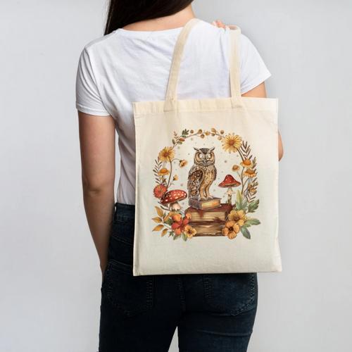 Cottagecore Aesthetic Owl Books Mushroom Witchy Floral Canvas Tote Bag - Bookorys