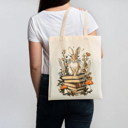 Cottagecore Aesthetic Rabbit Reading Book Lover Women Art Canvas Tote Bag - Bookorys CA