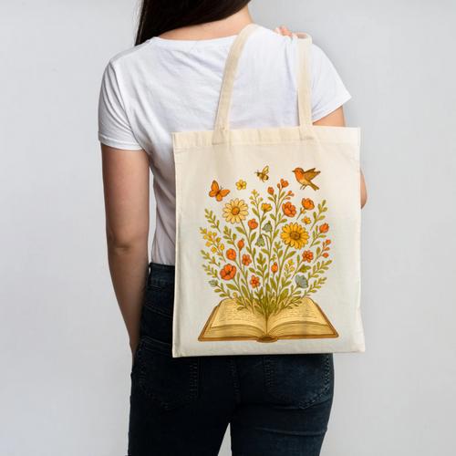 Cottagecore Enchanting Open Vintage Book Wildflowers Bloomin Canvas Tote Bag - Bookorys