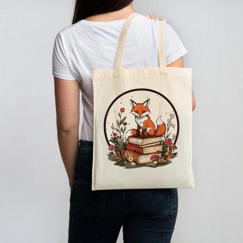 Cottagecore Fox With Books Canvas Tote Bag - Bookorys CA