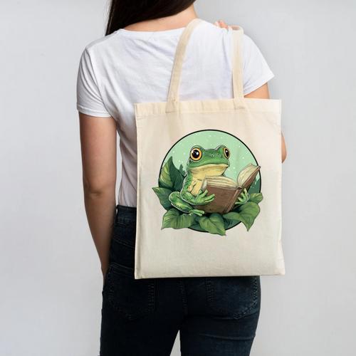 Cottagecore Frog Reading a Book Canvas Tote Bag - Bookorys