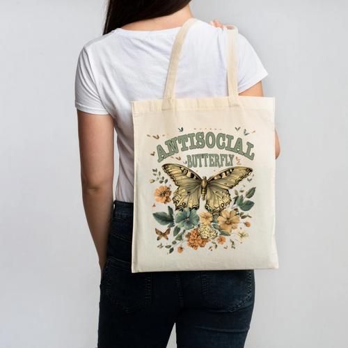 Cottagecore Introvert Humor Vintage Antisocial Butterfly Canvas Tote Bag - Raresse