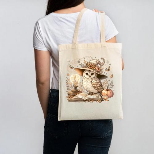 Cottagecore Owl Witch On Book Pumpkin Halloween Canvas Tote Bag - Bookorys CA