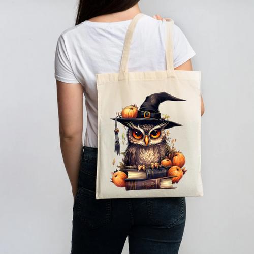 Cottagecore Owl Witch Hat On Book Pumpkin Halloween Costume Canvas Tote Bag - Bookorys UK