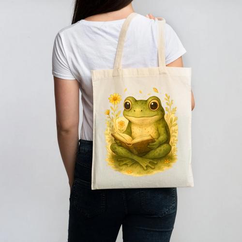 Cottagecore Whimsical Green Frog Peacefully Reading Book Canvas Tote Bag - Bookorys