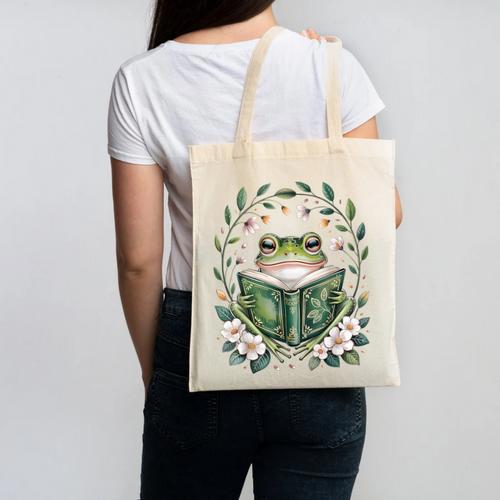 Cottagecore Whimsical Green Frog Read A Book Nature Flowers Canvas Tote Bag - Bookorys