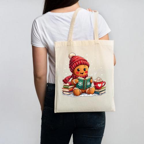 Cozy Gingerbread Christmas Reading Book Xmas Snowflakes Fall Canvas Tote Bag - Bookorys