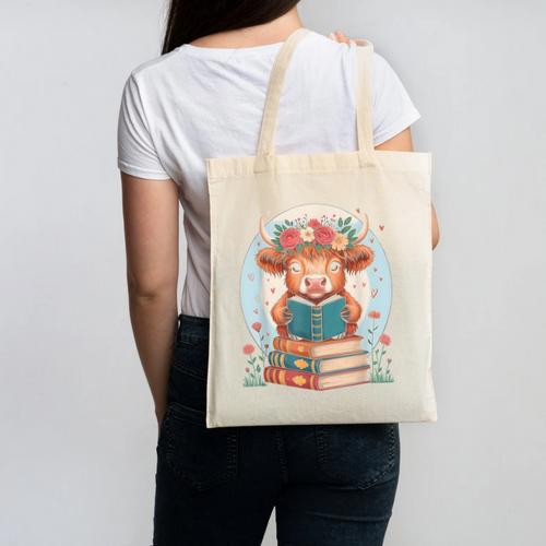 Cute Baby Highland Cow Reading Book Bookworm For Men Women Canvas Tote Bag - Bookorys