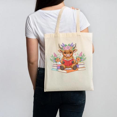 Cute Baby Highland Cow Reading Book Lover Toddler Canvas Tote Bag - Bookorys