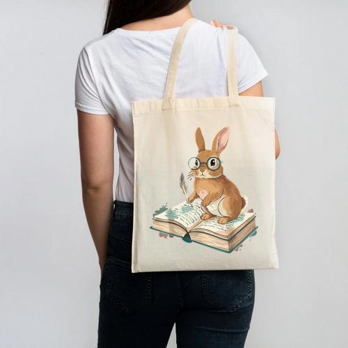 Cute Bunny Reading Book Glasses Bookworm Canvas Tote Bag - Bookorys